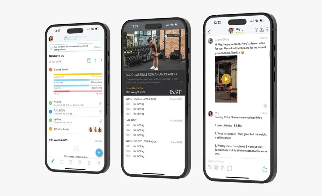 Mobile responsive user interface for The Chloe Condition membership dashboard showing workout categories and progress tracking