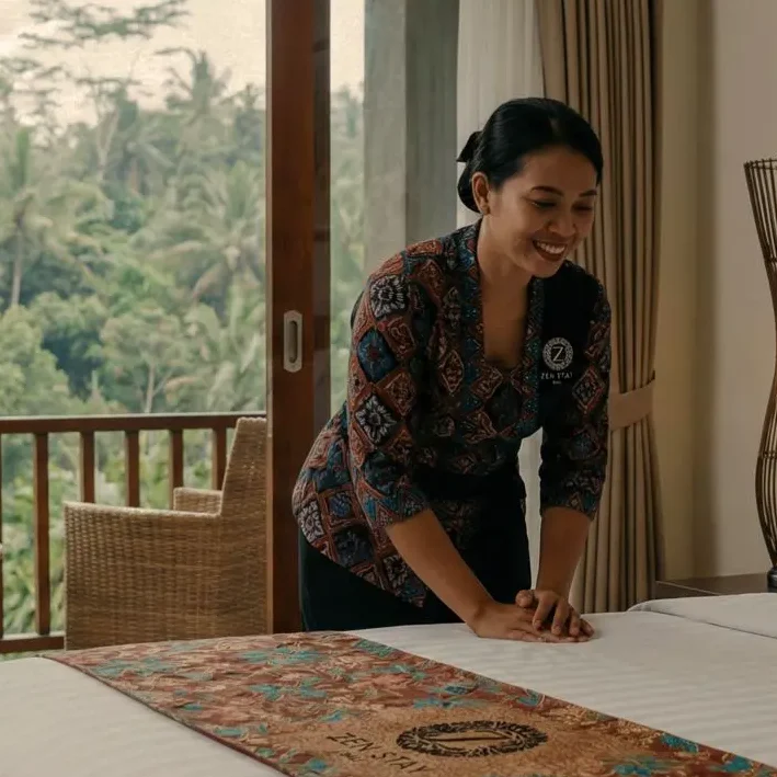 Premium villa service at Zen Stay Bali featuring staff preparing a bed with traditional Indonesian batik elements