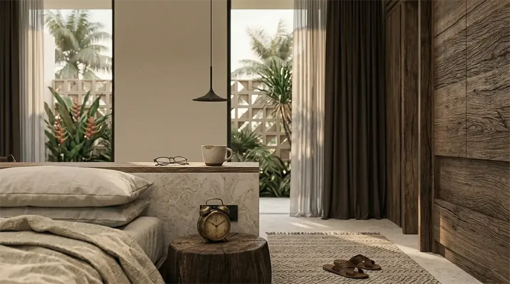 Minimalist luxury bedroom interior with warm lighting and natural textures developed for Balizen Property