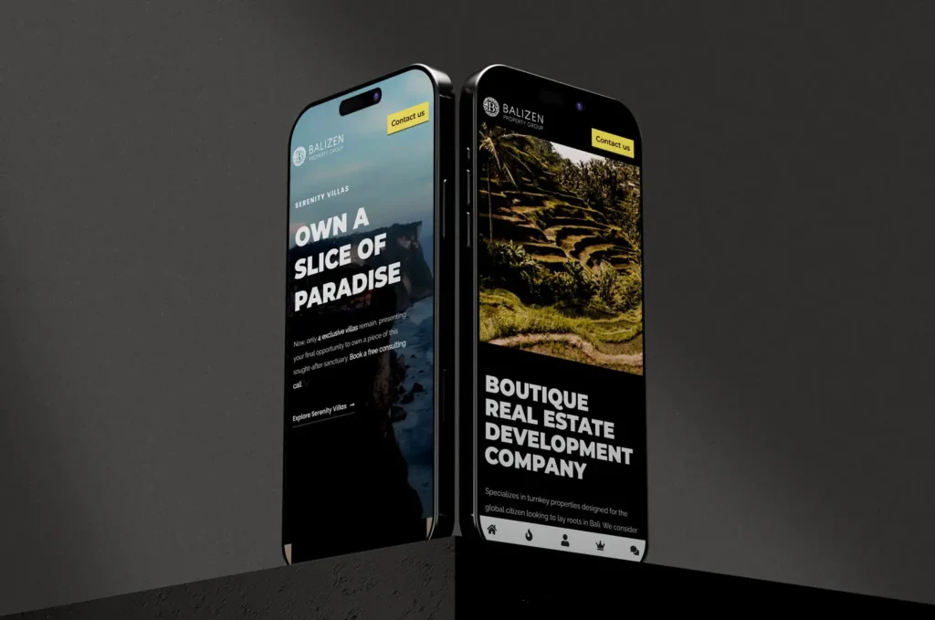 Mobile responsive website design for Balizen Property Group featuring boutique real estate development and luxury villa listings