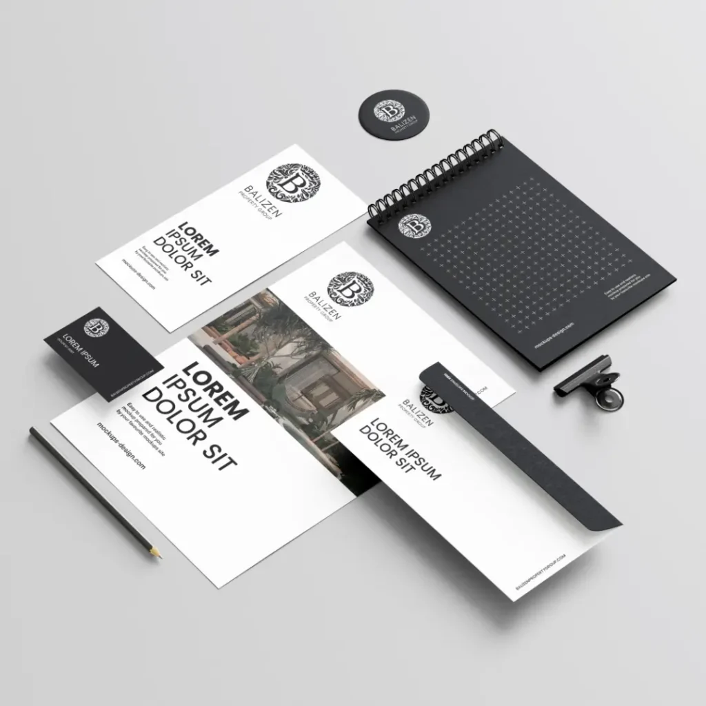 Balizen Property Group professional stationery mockup including business cards, letterheads, and notebooks with luxury branding